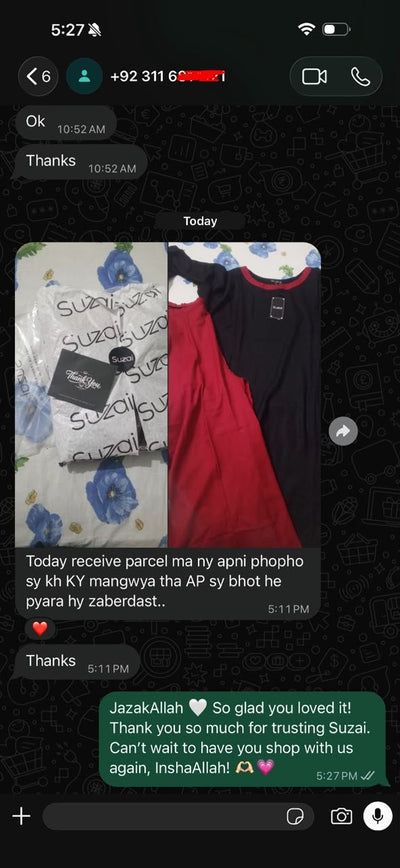 Suzai customer WhatsApp review