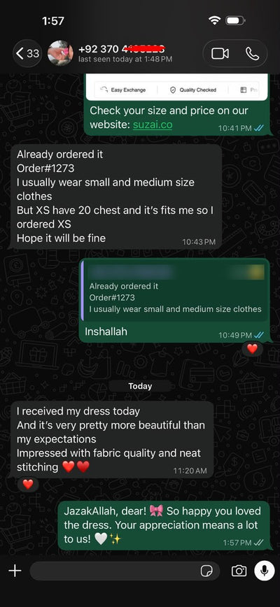 Suzai customer WhatsApp review